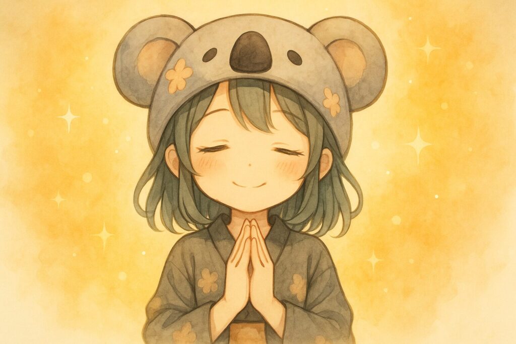 心愛ちゃんが、お願いしてきた相手(姿は見えない)に対して、「お役に立てるなら嬉しいです!」という感じで、両手を胸の前で合わせてにっこり微笑んでいる。背景にはキラキラしたエフェクトや温かい光。相手への感謝や貢献したい気持ちを表現