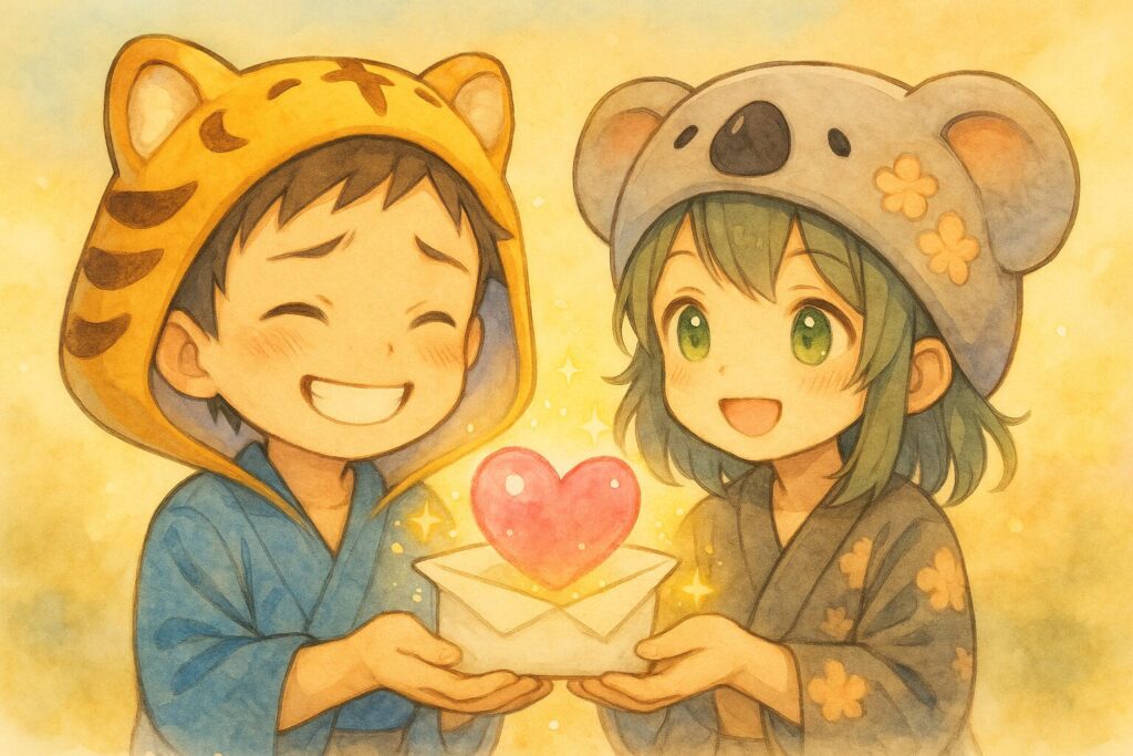 大雅くんと心愛ちゃんが、差し出されたお願い(手紙や小さな包みみたいなイメージでもOK)を、二人で協力して笑顔で受け取っている。受け取ったお願いが、キラキラと輝く綺麗なハートマーク💖に変わっていくような、ファンタジー要素を少し加えた温かいイラスト。「受け入れる心は、こころのせんたく」を表現。