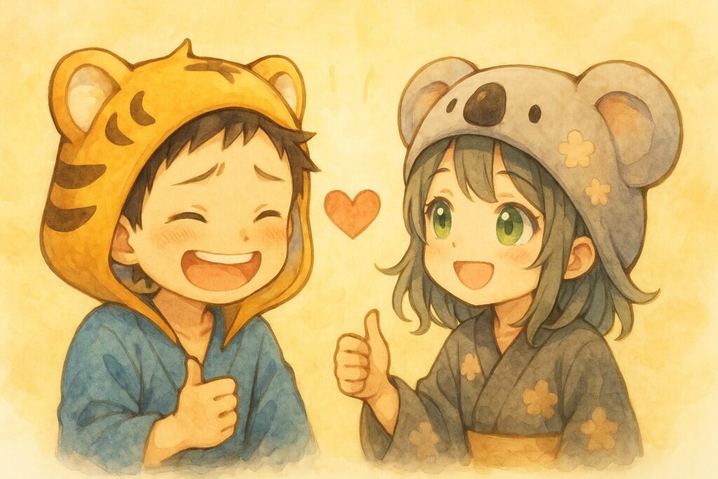 大雅くんが、協力してくれた心愛ちゃんに「本当に助かったよ、ありがとう!」と満面の笑みでお礼を言っている。心愛ちゃんも「どういたしまして〜、よかったね!」と嬉しそうに微笑んでいる、感謝が伝わる温かいシーン。