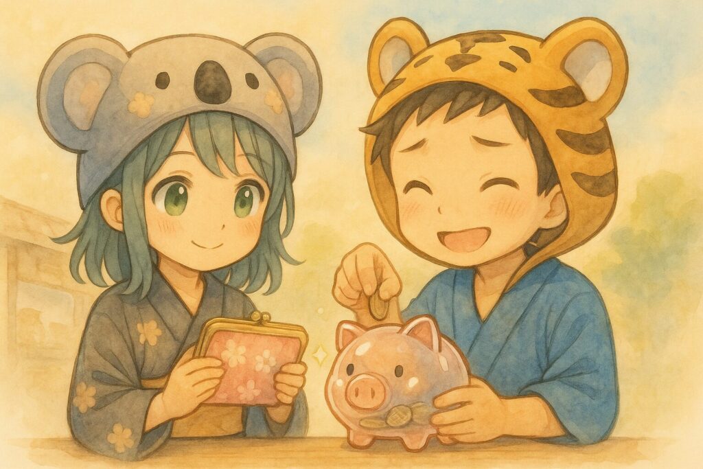 心愛ちゃんが、お気に入りの可愛いデザインのお財布を開けて、中の現金(お札や小銭)を嬉しそうに、または計画的に確認している。その隣では、大雅くんがガラス製のブタさん貯金箱に、チャリンと音を立てるように楽しそうに小銭を入れている。二人の日常の中で、お金と楽しく付き合っている様子。