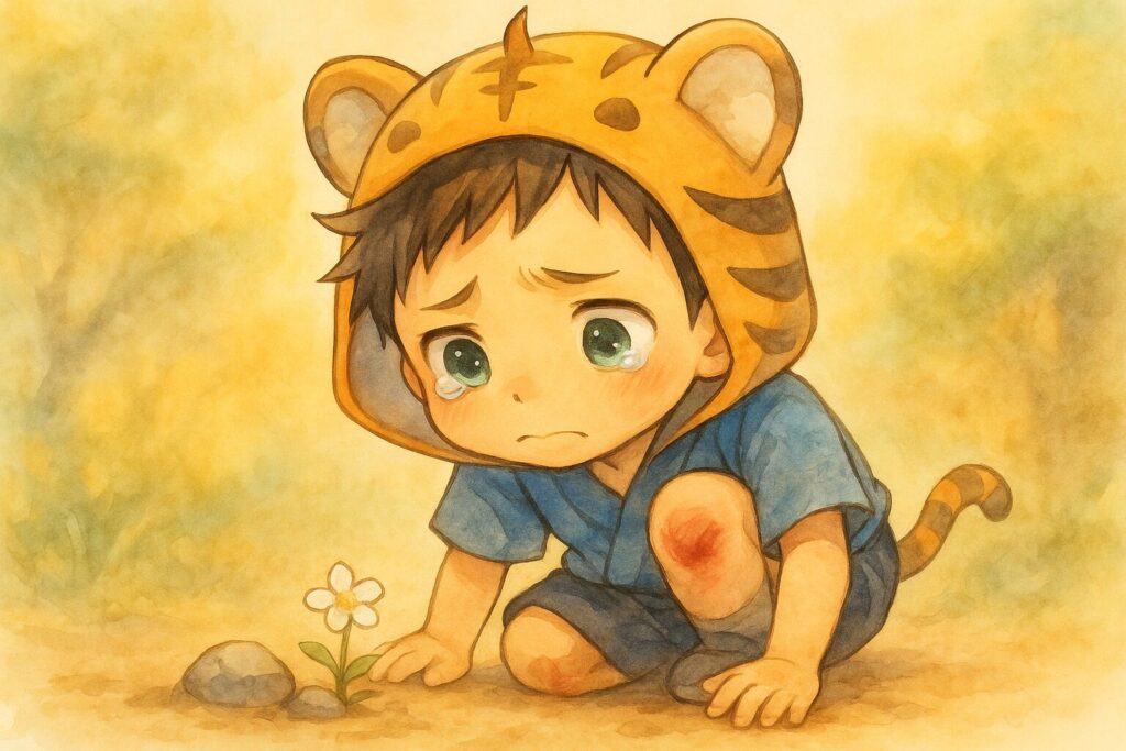 転んで膝をすりむいた子供(大雅くん風)が、涙目だけど何かを発見したように目の前の小さな花や石を見つめている。「転んだからこそ見つけたもの」的な比喩。