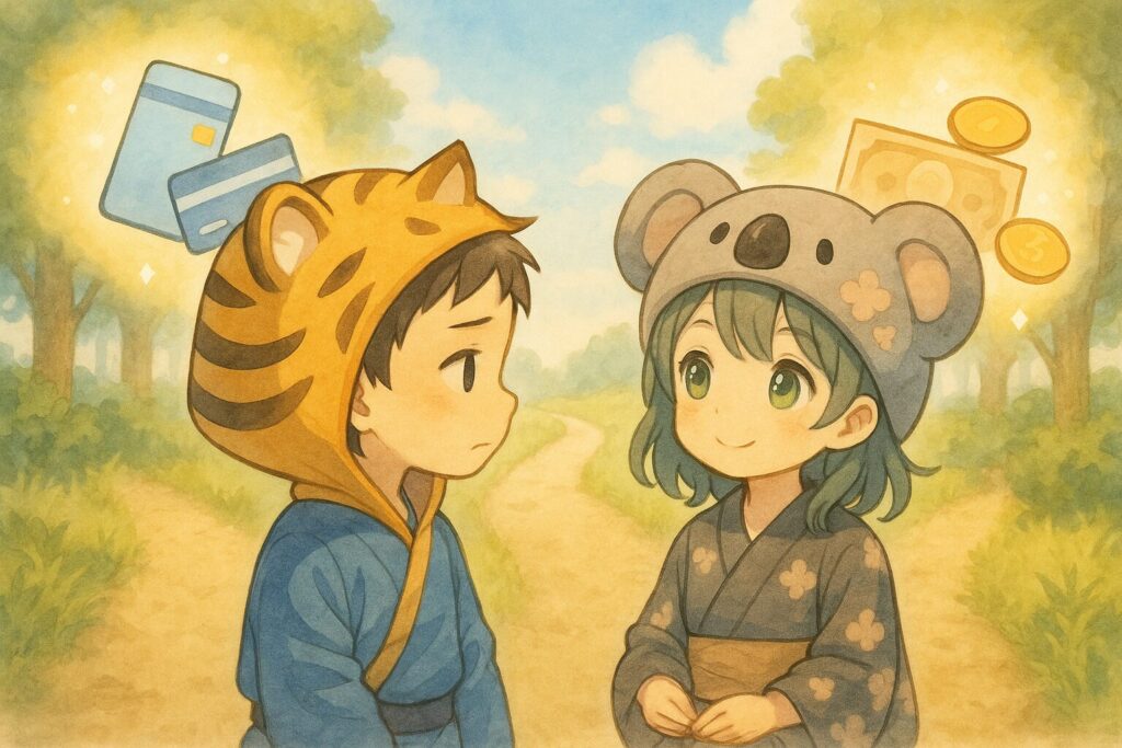 大雅くんと心愛ちゃんが、左右に分かれた道を見ている。片方の道はキラキラしたキャッシュレス(スマホやカードのアイコンが浮かんでいる感じ)、もう片方の道は温かみのある現金(お札や硬貨のアイコン)が描かれている。二人は「どっちも良さそうだね」と考えながら、これから進む道を見定めているような表情。