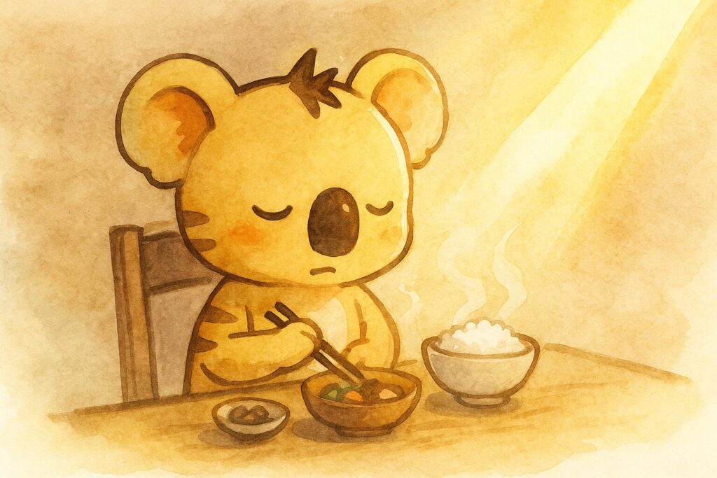 当たり前になってしまった日常(例:流れるような食事風景)に「ハッ」と気づきの光が差すようなイラスト。「形骸化」や「当たり前」への注意喚起。