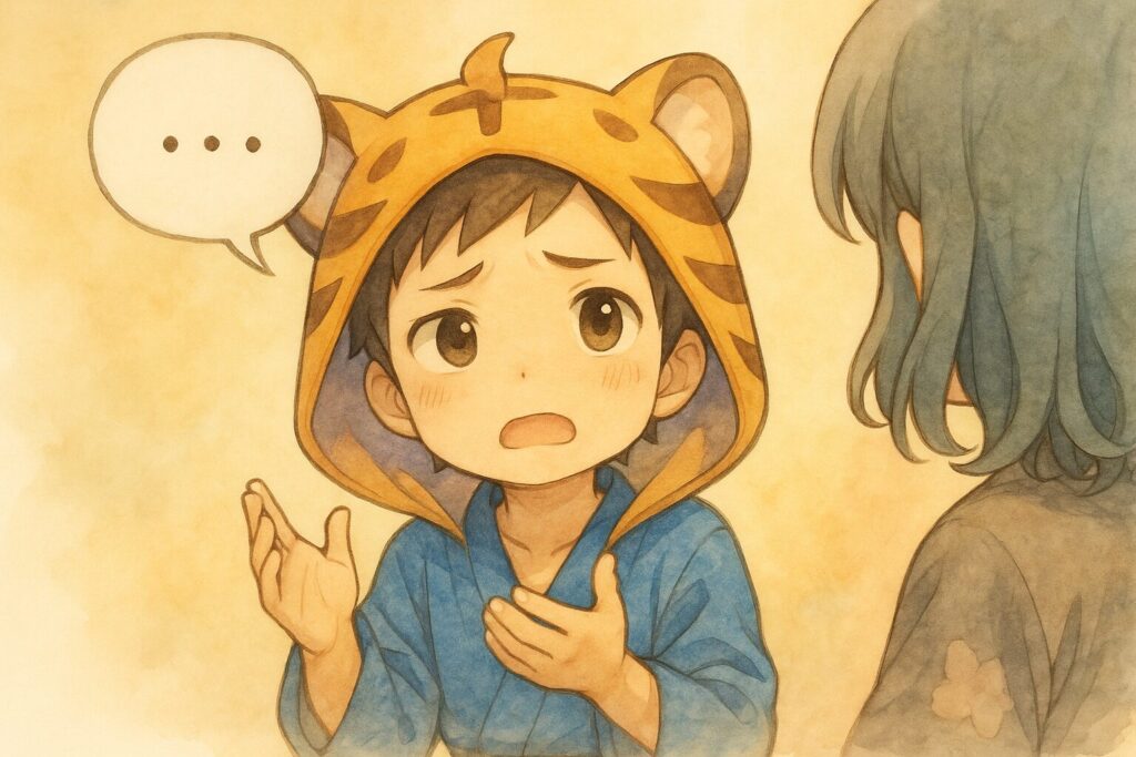 大雅くんが、心愛ちゃん(または見えない相手)に対して、少し緊張しつつも一生懸命お願いしている。「〇〇をお願いしたいんだ!理由は△△で…。もし難しかったら、できる範囲で大丈夫だから!」と、明確さ・理由・柔軟性のポイントを押さえて伝えている感じ。