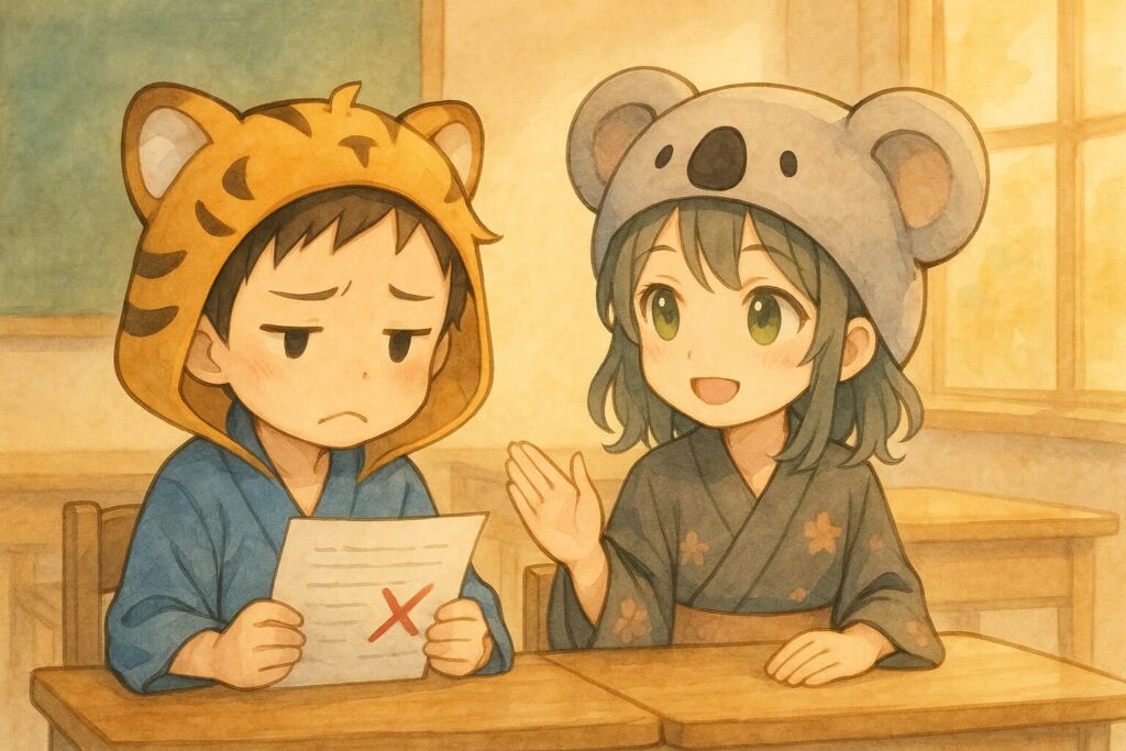 大雅くんがテストでバツをもらってしょんぼりしている。隣で心愛ちゃんが「大丈夫だよ、次頑張ろう!」と優しく励ましている。温かい教室の雰囲気
