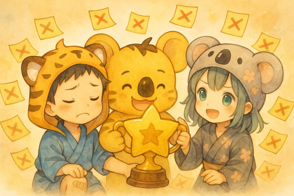 大雅くんと心愛ちゃん、秋色くんが一緒に、たくさんの失敗(×マークの付箋とか?)を乗り越えて作った大きな成功(☆マークとかトロフィーとか?)を喜び合っている。感謝の気持ちが伝わるような温かい雰囲気。