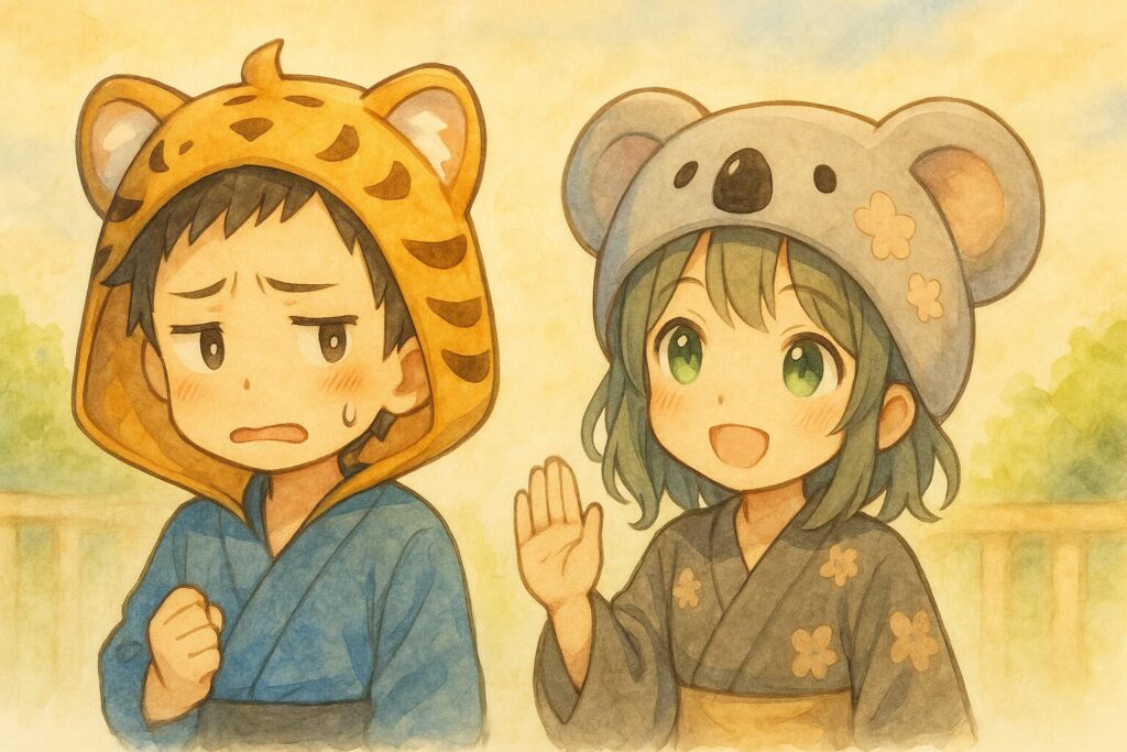 大雅くんが誰か(姿は見えない)にお願いされて、「えぇ〜どうしよう…汗」と少し困った顔をしている。その隣で、心愛ちゃんが同じようにお願いされているけど、「はいっ!」と笑顔で快く応じているような対照的なイラスト。読者の「断れない…」「どう返事しよう…」という気持ちに寄り添う。