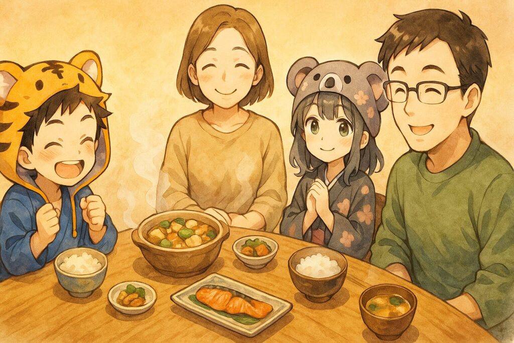 温かい湯気が立ち上る食卓(和食が並んでいるイメージ)を、家族(アニメ調)が優しい笑顔で囲んでいる俯瞰ぎみのイラスト。食卓全体の温もりや、これから始まる食事への感謝の気持ちを表現
