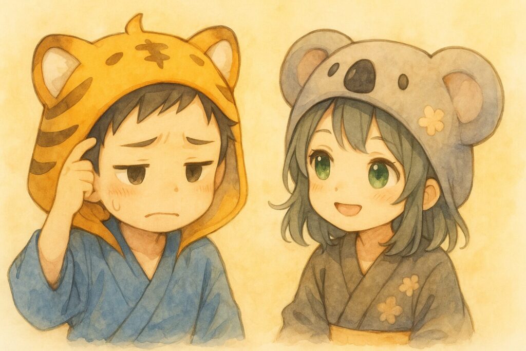 大雅くんが少し困った顔で、「う〜ん、これ、どうやって頼んだらいいんだろう…」と悩んでいる。隣で心愛ちゃんが「大丈夫だよー、コツがあるんだ〜」と優しく微笑みかけている。読者の「お願いって難しいな」という気持ちに寄り添う導入。