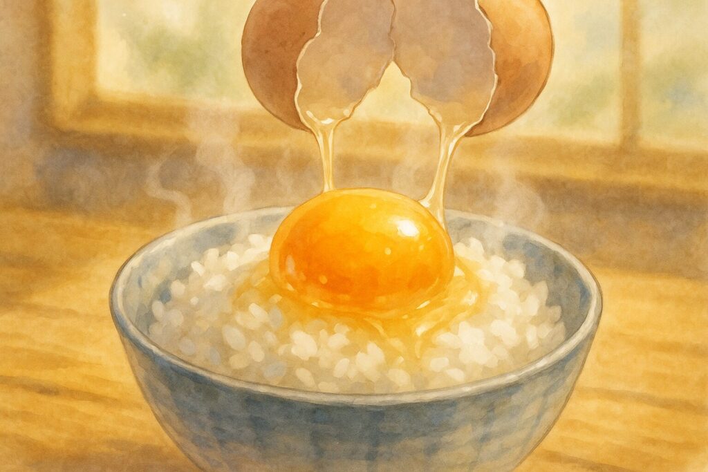 湯気が立ちのぼるホカホカご飯の真ん中に、ぷるんとした新鮮な生卵がまさに割られようとしている瞬間をクローズアップ!背景は温かみのある食卓で、光が卵に当たってキラキラしてる感じ。食欲をそそるシズル感を前面に!
