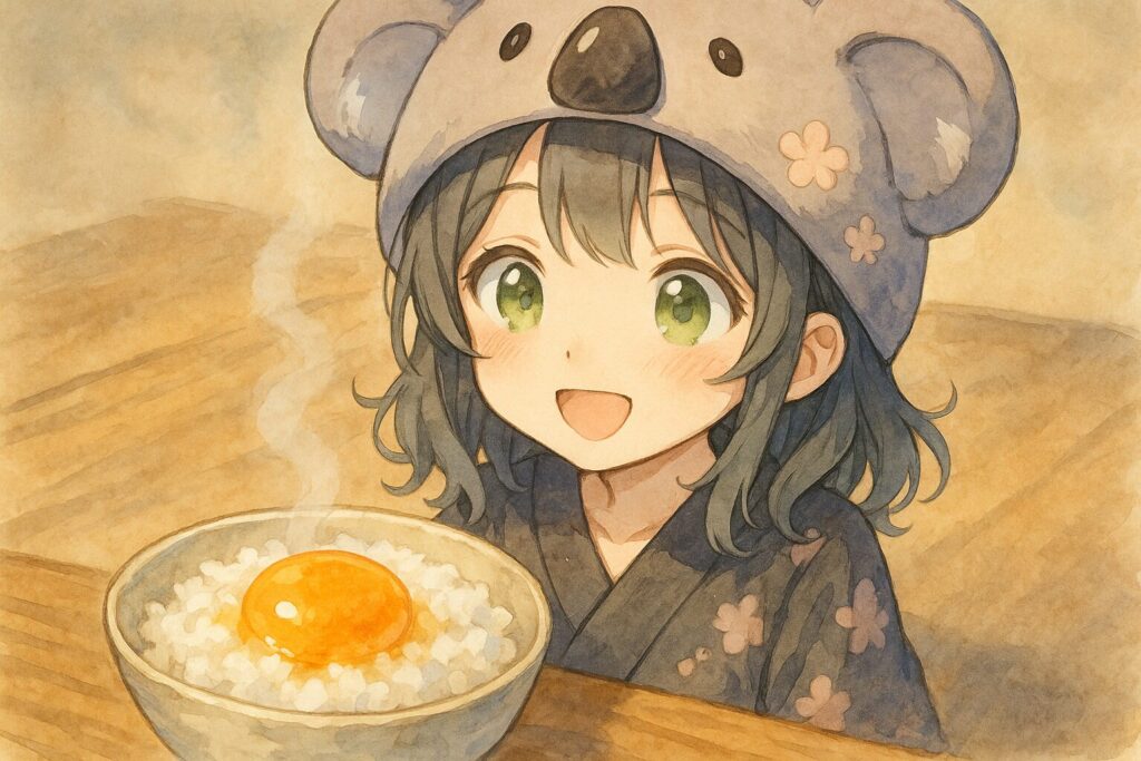心愛ちゃんが、黄金色の黄身がとろ~りとかかったTKGを目の前にして、目をキラキラ輝かせながら「わぁ…美味しそう!」という表情をしている。少し上からのアングルで、TKGの魅力的な見た目と心愛ちゃんの幸せそうな顔を一緒に見せる。モチーフ「とろける黄身」と「幸せな表情」。