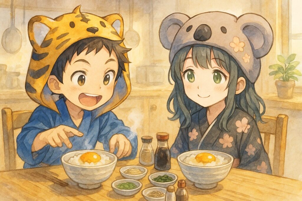 食卓に、基本のTKG(ご飯と卵)と、ネギ、海苔、ごま油、醤油数種類などの小皿に分けられたトッピングが並んでいる。大雅くんが「どれにしようかな?」と目を輝かせながらトッピングを選ぼうとしている。心愛ちゃんも隣でニコニコしながら見ている。アレンジの楽しさ、ワクワク感を表現。