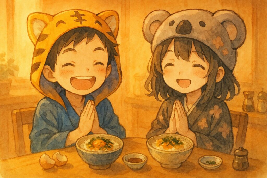 大雅くんと心愛ちゃんが、それぞれのTKG(もしかしたらちょっとアレンジが加わってるかも?)を「いただきます!」と手を合わせて食べ始める瞬間、もしくは満足そうにニコニコしながら食べているシーン。背景には、これまでのモチーフ(キラキラ光る卵の殻が少し見えるとか、空になったお茶碗とか、選んだトッピングの小皿とか)がさりげなく配置されていると伏線回収っぽくなるかも!食卓全体が温かい光に包まれていて、感謝の気持ちが溢れているような雰囲気。