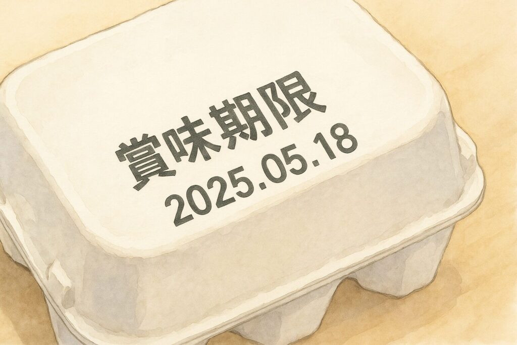 卵のパックに記載されている「賞味期限」の文字と日付の部分を、シンプルに分かりやすくクローズアップしたイラスト。ごちゃごちゃせず、一目でポイントが伝わるように!