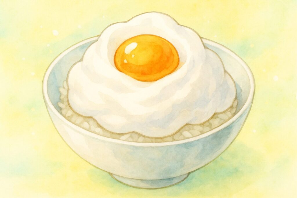 ご飯の上に、ふわっふわに泡立てられた真っ白なメレンゲがこんもりと乗り、その中央にくぼみがあって、そこに卵の黄身がちょこんと乗っている「メレンゲTKG」の完成図を、かわいらしく美味しそうに描いたイラスト。明るく、ちょっとおしゃれな雰囲気で。
