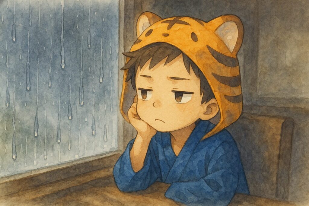 窓の外の雨を眺めて、少しつまらなそうに頬杖をつく大雅。窓ガラスには雨粒が流れ、部屋の中は少し薄暗い。