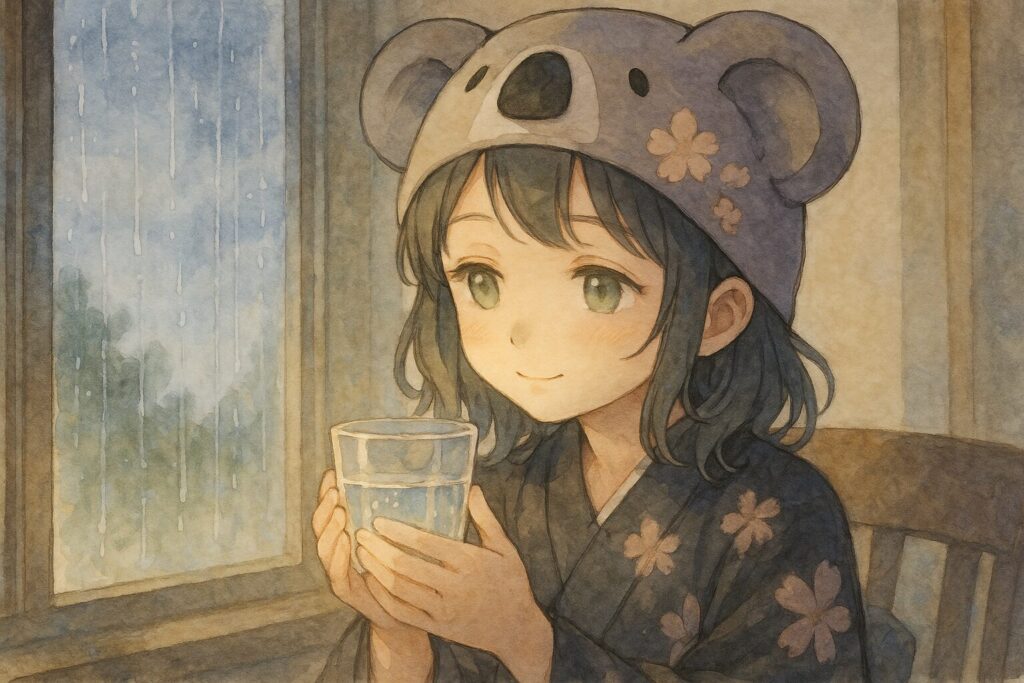 両手で持ったコップの水を大切そうに見つめる心愛。窓の外はまだ雨だが、コップに光が反射してキラリと輝いている。
