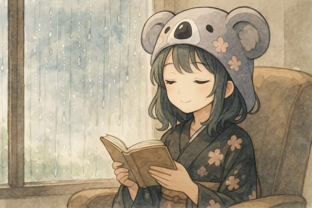 窓辺の椅子に座り、穏やかな表情で本を読む心愛。窓ガラスを伝う雨粒が、光を受けてきらめいている。
