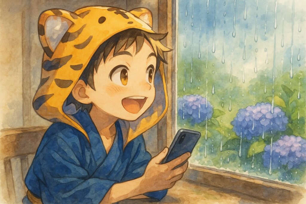 スマホを片手に、窓の外の雨に濡れた紫陽花に興味津々の大雅。その表情は最初の憂鬱さが嘘のように生き生きしている。