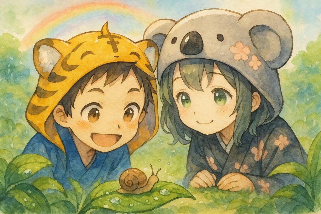 雨上がりの庭で、葉っぱの上のカタツムリを笑顔で見ている大雅と心愛。空にはうっすらと虹がかかっている。