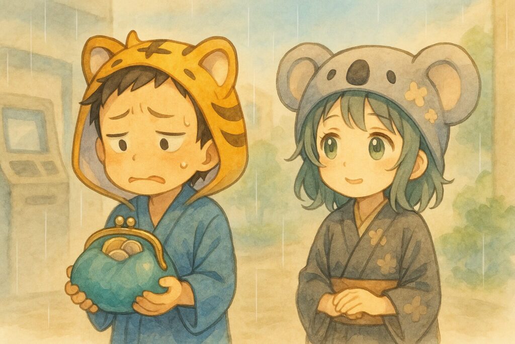 ちょっと困った顔の大雅くんが、小銭でパンパンに膨らんで重そうな財布(がま口とかだと可愛いかも?)を両手で持て余している。あるいは、雨が降る中、ATMの前で「あ〜…」となっている様子。心愛ちゃんが隣で「あらあら…」という感じで心配そうに見ている。現金のちょっと不便な側面を、少しコミカルに表現。