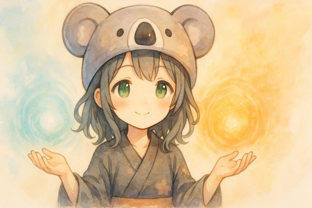 人物(アニメ調)が、片方の手に「謙虚」を示す落ち着いた光、もう片方の手に「自己表現」を示す明るい光を持ち、その二つの光が調和して輝いているようなイラスト。バランスの取れた心の状態を表現