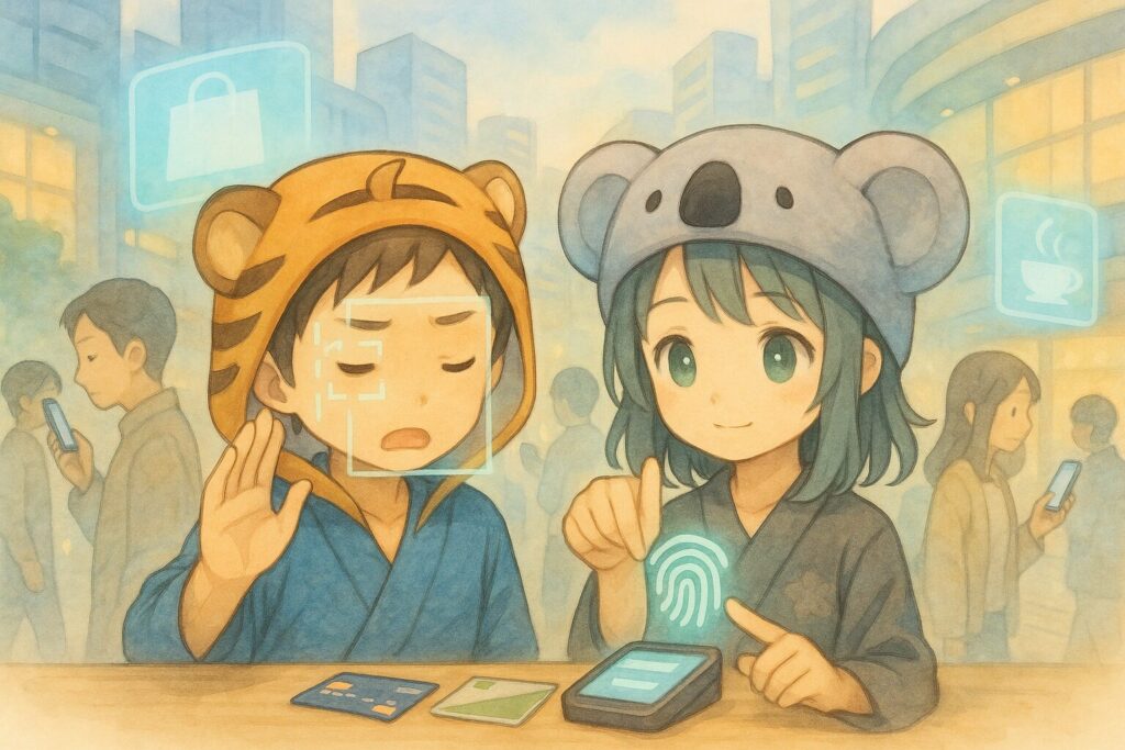 少し未来的な街並み(ホログラム広告などが浮かんでいる感じ?)の中、大雅くんと心愛ちゃんが、顔認証や指紋認証で支払いをしている(ようなジェスチャーやエフェクト)。周りの人々も様々な方法でスムーズに決済している。キャッシュレス決済の進化と未来への期待感を表現。