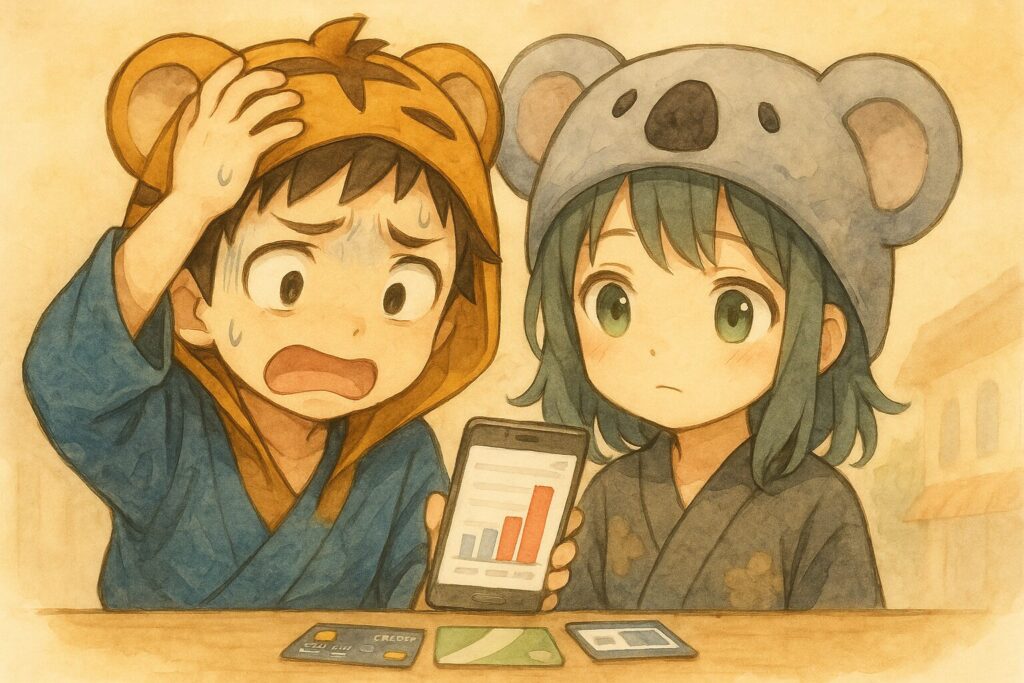 大雅くんがスマホの利用履歴画面(棒グラフとかで一部が赤く突出していて使いすぎが分かる感じ)を見て、「うわっ!使いすぎた…」と頭を抱えて青ざめている。隣で心愛ちゃんが「あらら…計画的に使わないとね」と優しく(でも少し呆れ顔で)見ている。使いすぎの注意喚起。