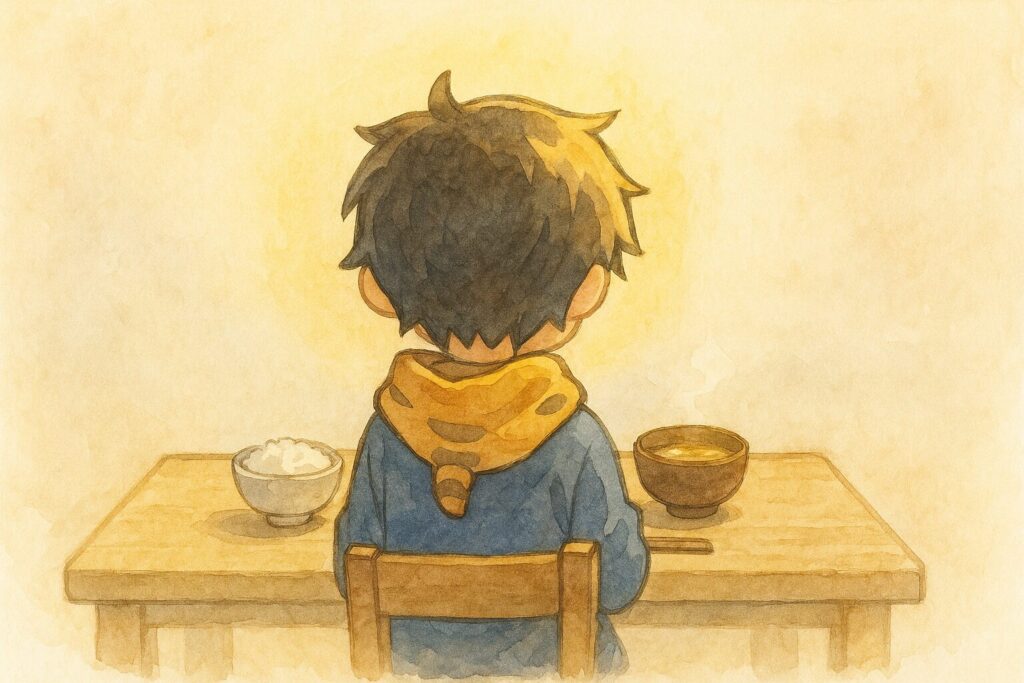 一人で食卓に向かう人物(アニメ調、後ろ姿でもOK)が、目の前のシンプルな食事に対して、心の中で丁寧に「いただきます」と言っているような、静かで穏やかなシーン。日常の小さな習慣の大切さを表現。