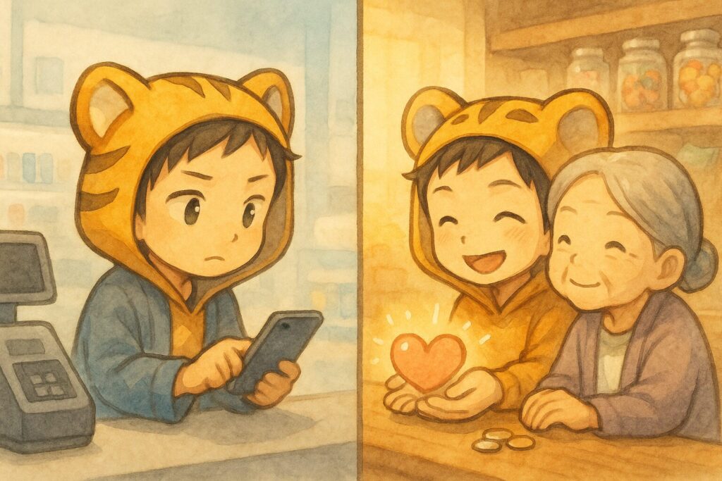 分割画面のような感じで、左側では大雅くんがコンビニでスマホをかざしてスマートに決済、右側では同じ大雅くんが駄菓子屋さんでおばあちゃんにニコニコしながら小銭で支払っている様子。シーンによって支払い方法を賢く使い分けているイメージ。