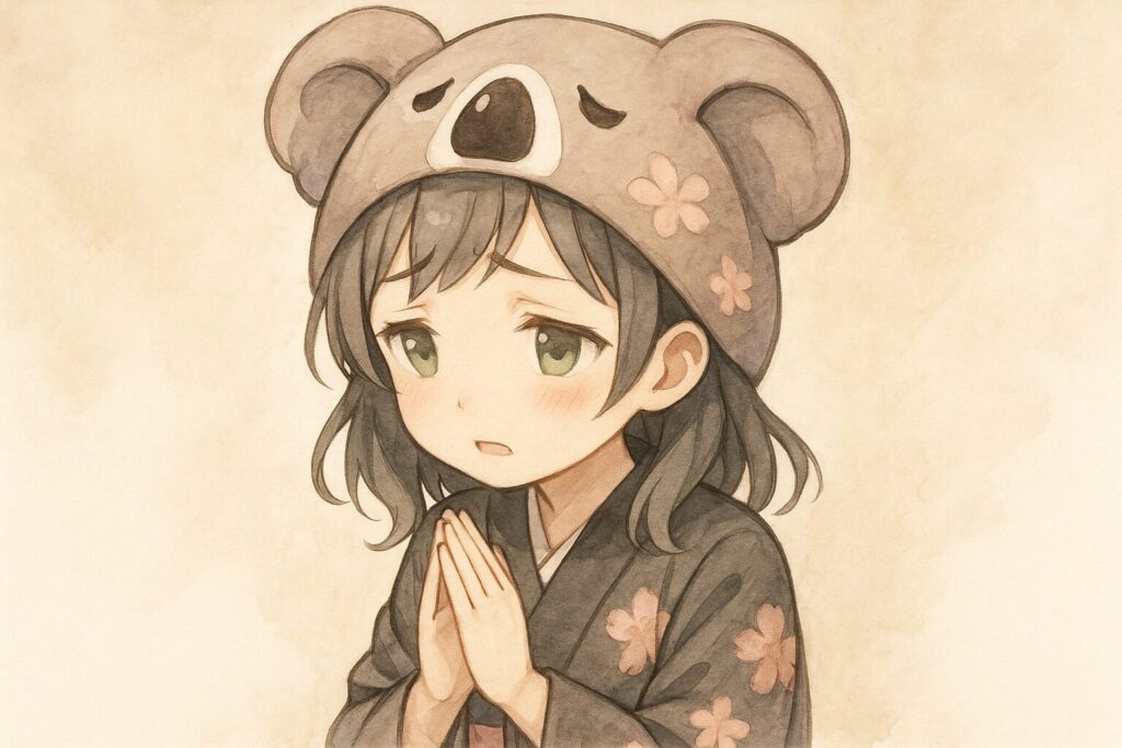 心愛ちゃんが、少し申し訳なさそうな表情で、「ごめんなさい、今回はちょっと難しくて…でも、〇〇なら協力できるかも!」と丁寧に断りつつ、代替案を提案しているようなイラスト。眉を少し下げて、困りつつも誠実さが伝わる感じ。