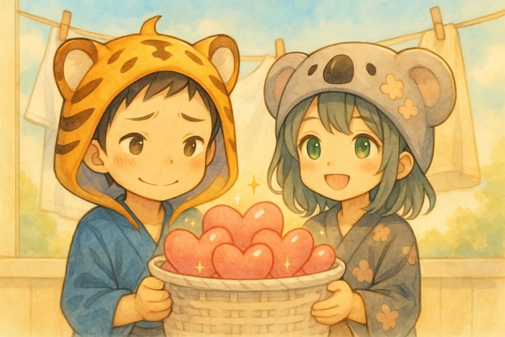 大雅くんと心愛ちゃんが、二人で洗濯カゴ🧺を持っているの。カゴの中には、洗濯されてピッカピカ✨に輝いているハートマーク💖がたくさん入ってる!二人は「見て見て!お願いしたら心がこんなに綺麗になったよ!」って感じで、満足そうな、そしてちょっと誇らしげな笑顔😊を読者に向けている。背景は、洗濯物が気持ちよさそうに干されているような、爽やかで清潔感のある、明るい日差しの雰囲気。