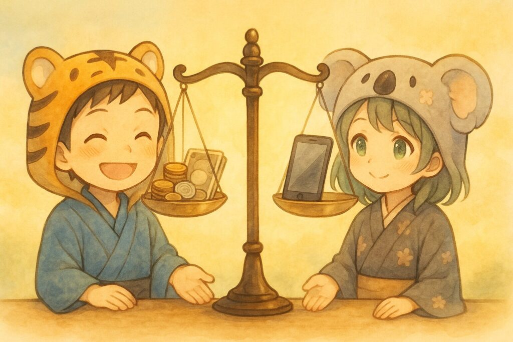 大雅くんと心愛ちゃんが、大きな天秤の両側に立っている、あるいは天秤を二人で見ている。片方の皿には現金(お札と硬貨)、もう片方の皿にはスマートフォン(キャッシュレスの象徴)が乗っていて、ちょうど釣り合っている。二人は笑顔でそのバランスを見つめ、賢い「選択」をしている様子。背景は穏やかな光。