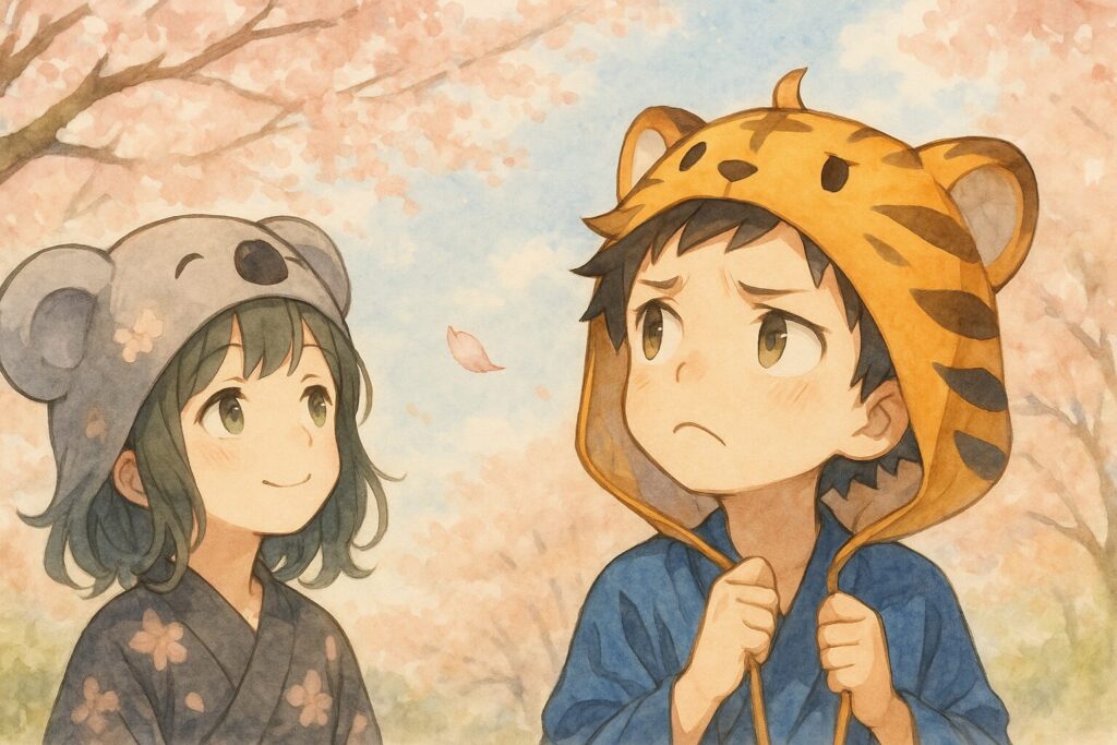 咲き始めた桜の枝を不思議そうに見上げる大雅と、うっとりと見つめる心愛。風に舞う一枚の桜の花びらが二人の間を通り過ぎていく。