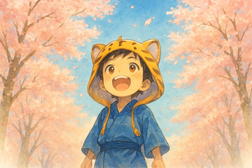 青空の下、満開の桜並木を見上げて「うわあ」と感動の表情を浮かべる大雅。画面いっぱいの桜が彼の心を奪っている。