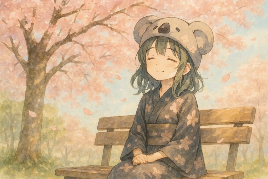 桜の木の下のベンチで、心愛が目を閉じて穏やかな表情を浮かべている。春の陽光と舞い落ちる花びらが、彼女を優しく包んでいる。