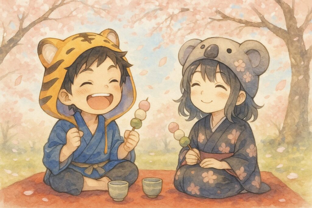 満開の桜の下に敷いたシートの上で、お団子を片手に楽しそうに笑いあう大雅と心愛。和やかで幸せな「お花見」のワンシーン。