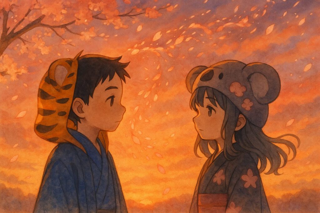 はらはらと舞い散る花吹雪を、少し寂しげながらも穏やかな表情で見送る大雅と心愛。夕暮れ時の光が情緒的な雰囲気を醸し出す。