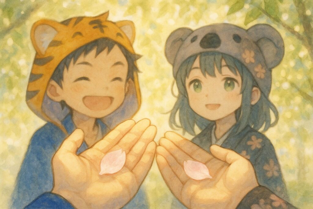 二人がそっと差し出した手のひらの上に、一枚ずつ桜の花びらが乗っている。花びらは優しく光り、背景には葉桜になった木漏れ日。穏やかな笑顔で、桜への感謝と「また来年」を思う二人。