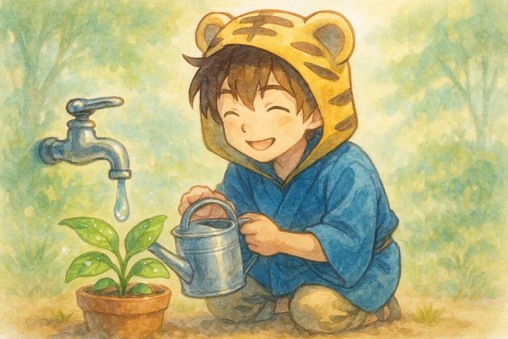 大雅くんが、庭の小さなプランターの元気な緑の葉に、蛇口から汲んだばかりの水を優しくあげている。葉っぱの上にはキラキラした水滴。大雅くんは優しい笑顔。背景には明るい日差し。
