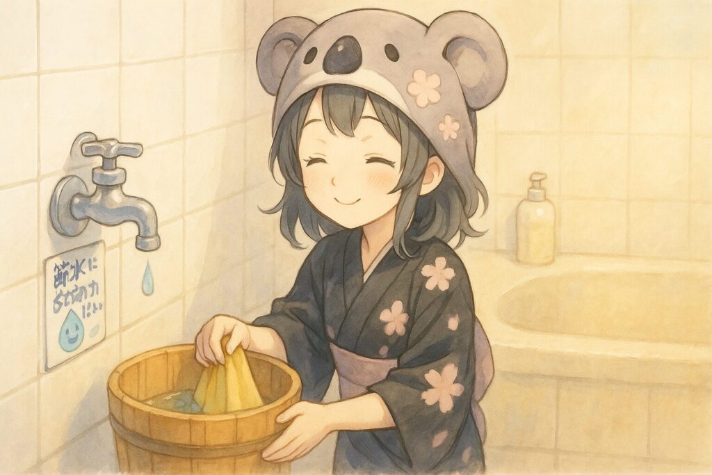 心愛ちゃんが、お風呂の残り湯をバケツに汲んで、楽しそうに雑巾をすすいでいる。その横には「節水にご協力ください」と書かれた手作りの可愛らしいステッカーが貼られた蛇口が少し見える。心愛ちゃんは「エコ活動中!」って感じの満足げな表情。