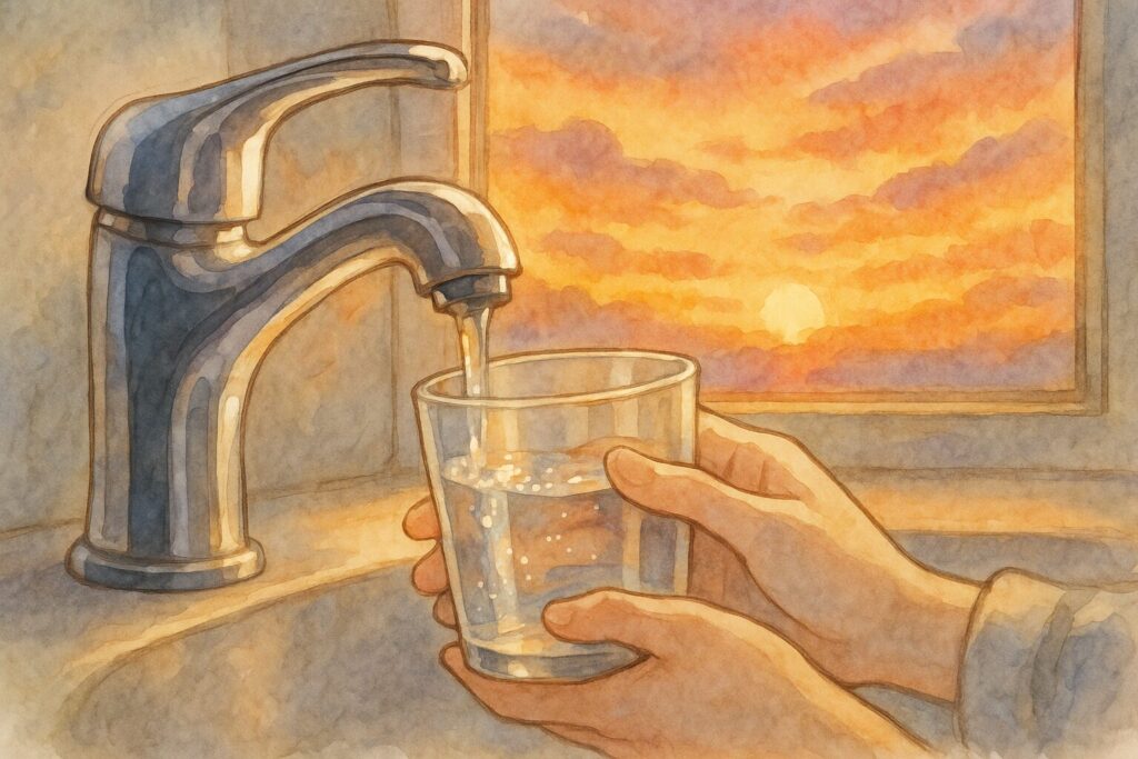 夕暮れ時、窓辺に置かれたコップに蛇口から水が注がれている。その水面に夕焼けの光が反射してキラキラしている。コップを持つ手元だけが映っていて、誰の手かは分からない(読者の手でもあり得る)。蛇口はシンプルでモダンなデザイン。