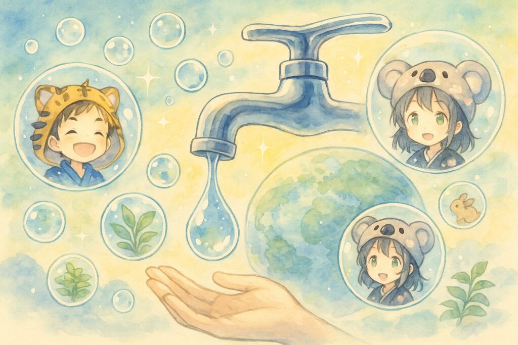 中央にデザイン性の高い蛇口があり、そこから溢れ出るようにキラキラした水滴がたくさん舞い上がり、それが地球を包み込むようなイメージ。水滴の中には、笑顔の大雅くん、心愛ちゃん、そして植物や動物たちが小さく映り込んでいる。全体的に明るく希望に満ちた雰囲気。