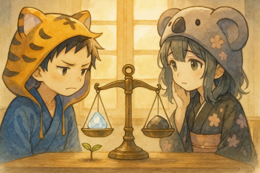 明るい日差しが差し込む部屋。大雅くんと心愛ちゃんが、目の前にある「天秤」の片方に「自信(輝く石)」、もう片方に「慢心(少し濁った石)」と書かれた(ように見える)プレートを乗せて、バランスを見比べようとしている。真剣な表情と少し戸惑った表情。