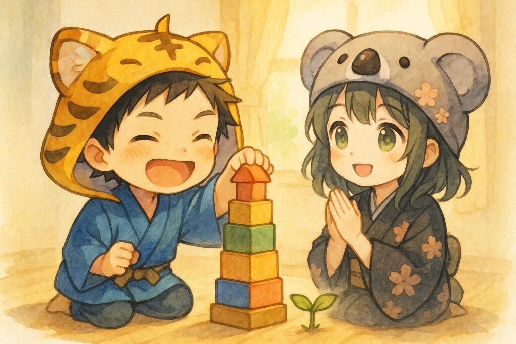 大雅くんが小さな目標(積み木を高く積むなど、ささやかな達成)をクリアして、はにかみながらも嬉しそうな表情。心愛ちゃんが隣でパチパチと拍手して一緒に喜んでいる。背景は少し明るくなり、大雅くんの足元の「芽」が双葉になっている。