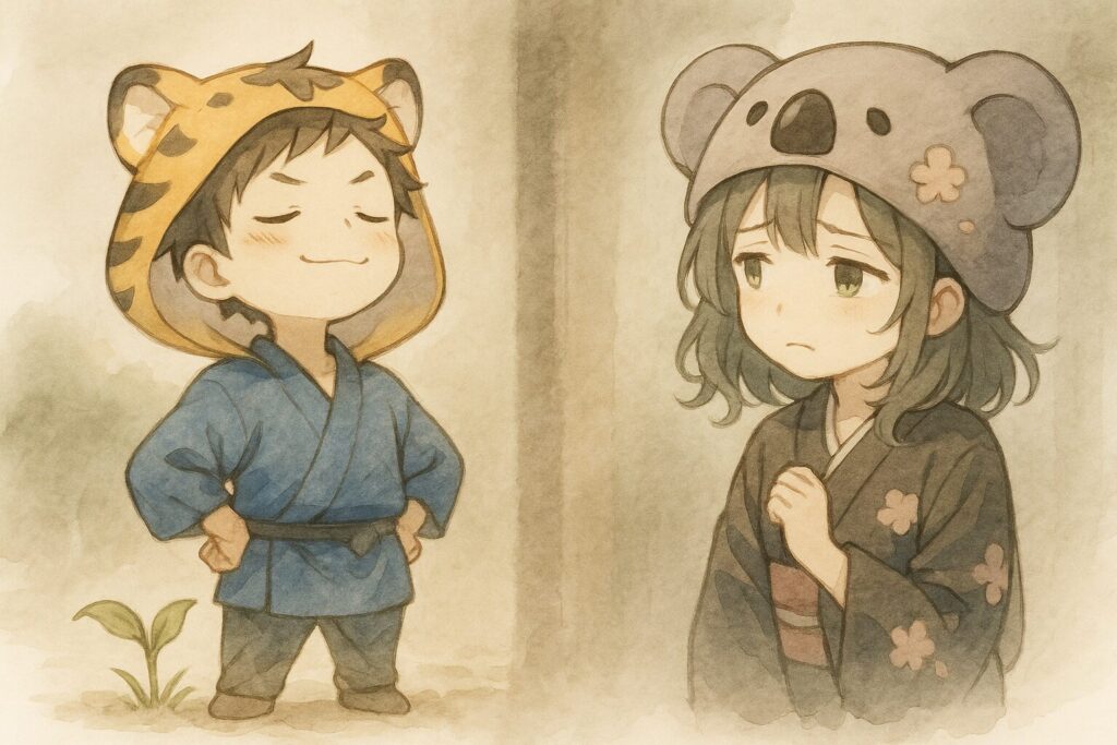 少し調子に乗って得意げな表情の大雅くん。周りが見えなくなり、心愛ちゃんが少し困ったような、寂しそうな顔で見ている。大雅くんの足元の「双葉」が少し伸びすぎているか、トゲが出始めているような表現。背景にうっすらと影が差し始める。