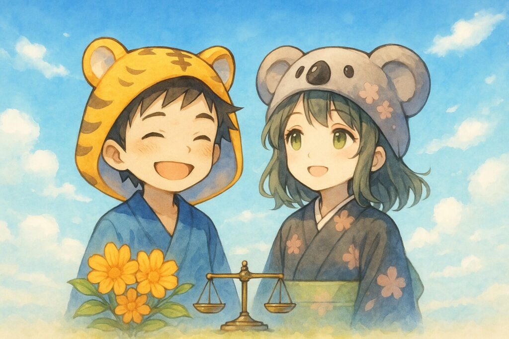 晴れやかな青空の下、大雅くんと心愛ちゃんが、お互いを尊重し合うような穏やかな笑顔で並んで前を向いている。大雅くんの足元には、以前の「芽」や「双葉」が見事に花を咲かせている(モチーフの回収)。天秤は水平を保ち、輝いている。