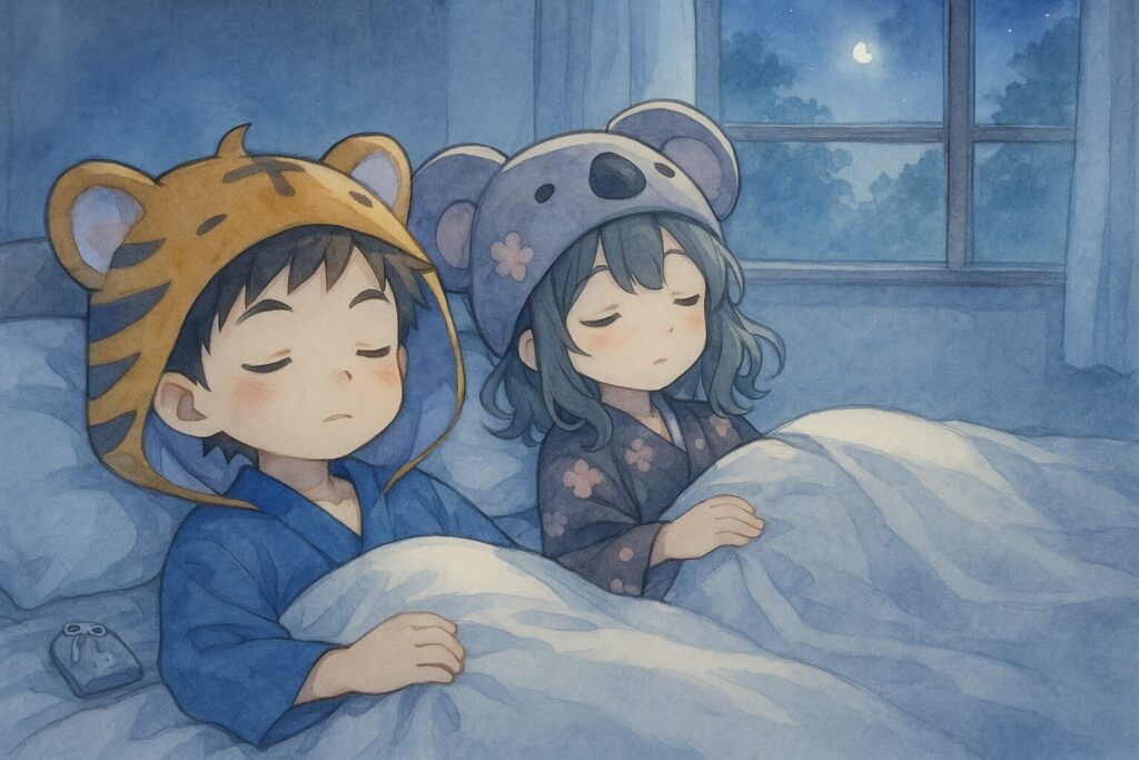 穏やかな表情ですやすやと眠っている大雅くんと心愛ちゃん。窓からは優しい月明かりが差し込んでいる。大雅くんの枕元には、画像4で登場した「お守り」と、以前は固く握りしめていた「シーツ」がふわりと置かれている。全体的に安心感と温かさに包まれた雰囲気。