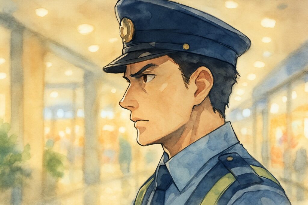 商業施設内を巡回する警備員さんの横顔をクローズアップ。鋭い眼差しで、わずかな異変も見逃さないというプロの緊張感が伝わる。