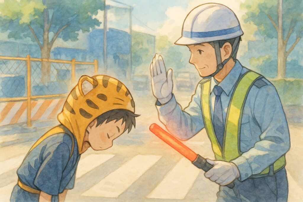 工事現場の横断歩道で、警備員さんが誘導灯で車を止め、渡っていく大雅に「どうぞ」と合図。大雅がぺこりと頭を下げて感謝を伝えている。